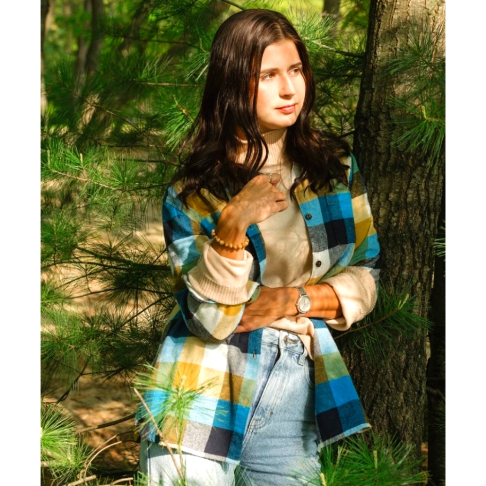 Woolly 5oz Women's Flannel Navy, Light Blue and Mustard SZ Small